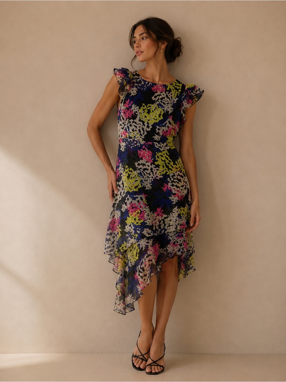 Just Taylor Yellow Floral Asymmetrical Ruffle Dress with Flutter Sleeve